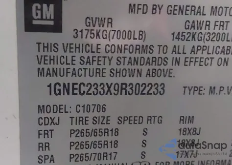 2009 Chevrolet Tahoe Lt2 z USA, uszkodzony, nr VIN 1GNEC233X9R302233